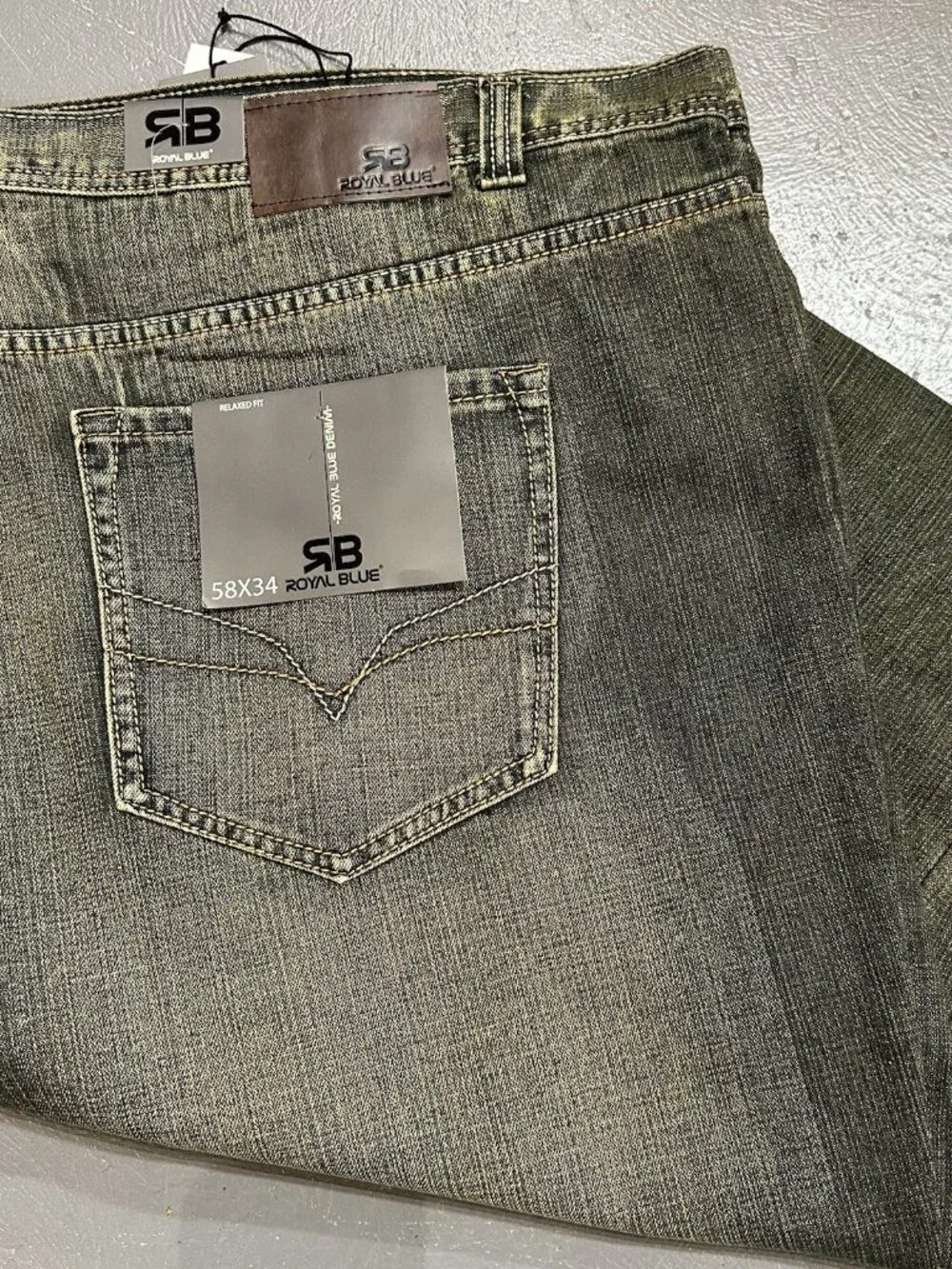Royal Blue Brand Denim Jeans Men 58 x 34 Relaxed Big & Tall Olive Green Wash